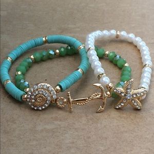 Gold Tone Set of 3 Beach Green Stacking Bracelets